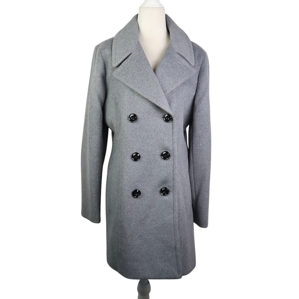 Anne Klein Grey Wool Blend Double-Breasted Pea Coat S